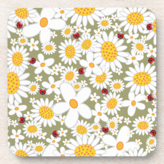 Posavasos Whimsical White Daisies Ladybugs Flores Cork Coas