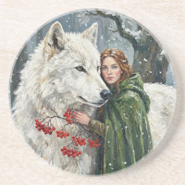 Posavasos White Wolf Redhead Druid Winter Berries Fantasy Ar