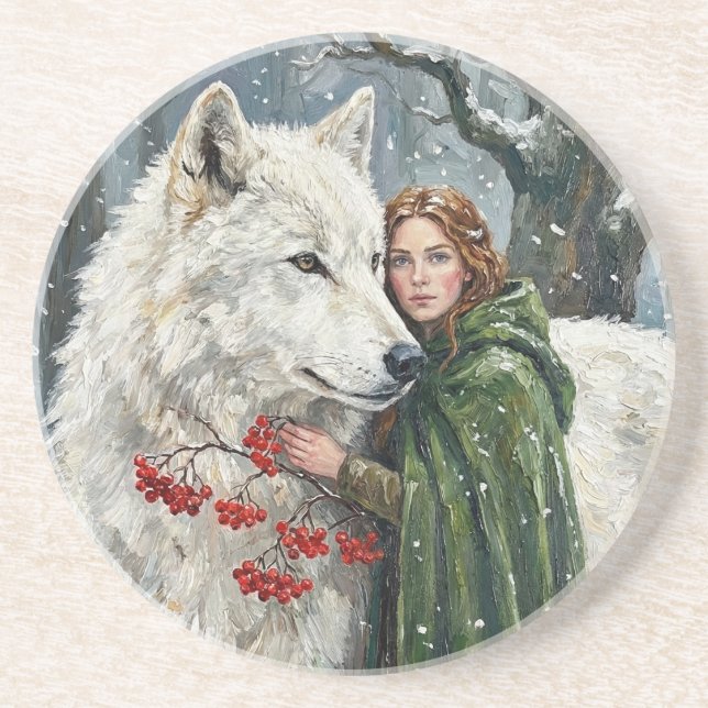 Posavasos White Wolf Redhead Druid Winter Berries Fantasy Ar (Frente)