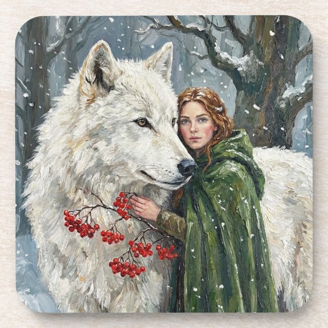 Posavasos White Wolf Redhead Druid Winter Berries Fantasy Ar (Frente)