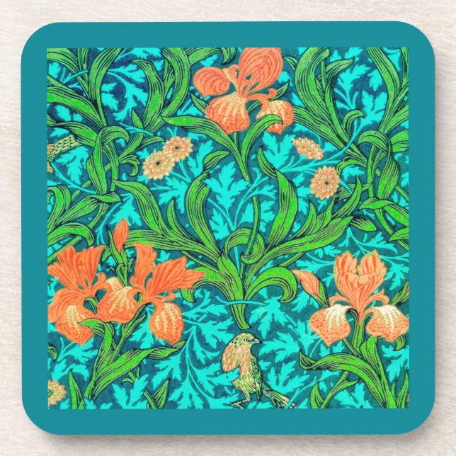 Posavasos William Morris Irises, Naranja y turquesa (Frente)