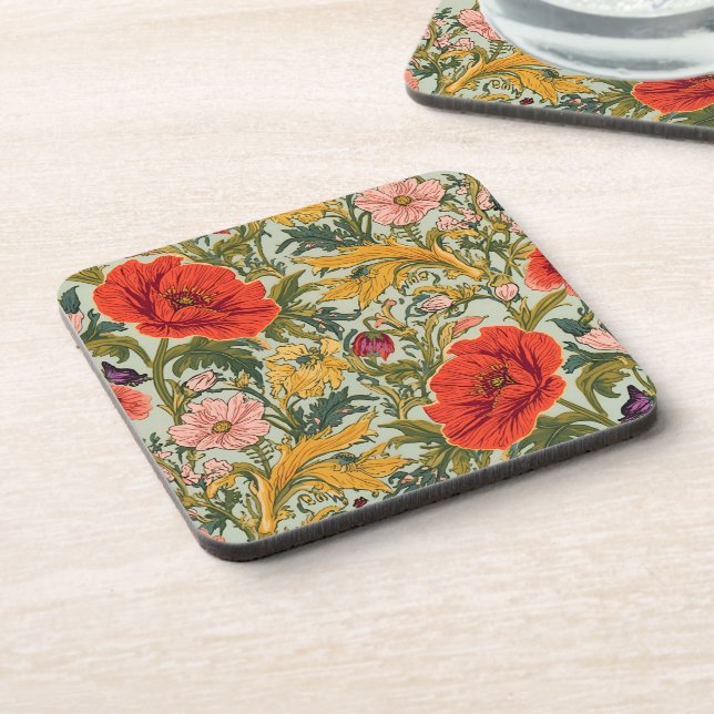 Posavasos William Morris Poppies Floral Art Nouveau Pattern  (Lado Izquierdo)