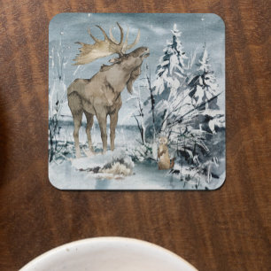 Posavasos Winter landscape Watercolor Moose  