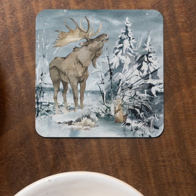 Posavasos Winter landscape Watercolor Moose   (Subido por el creador)