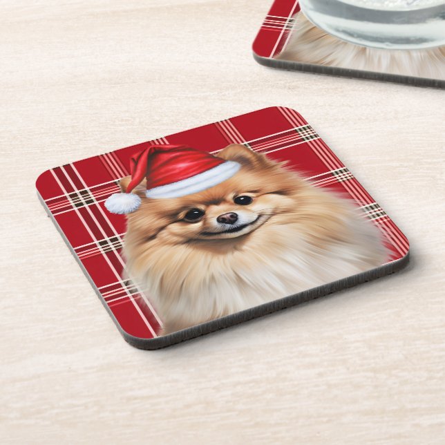 Posavasos Winter Themed Pomeranian Dog Holiday Plaid (Lado Izquierdo)