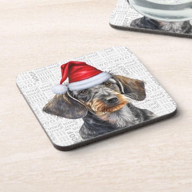 Posavasos Wirehaired Dachshund Dog in a Santa Hat Holiday (Lado Izquierdo)