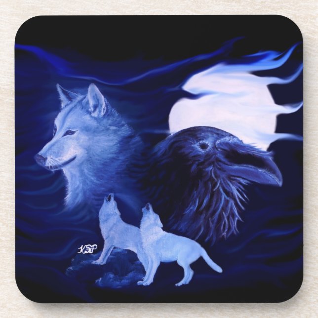 Posavasos Wolf y Raven con luna llena (Frente)