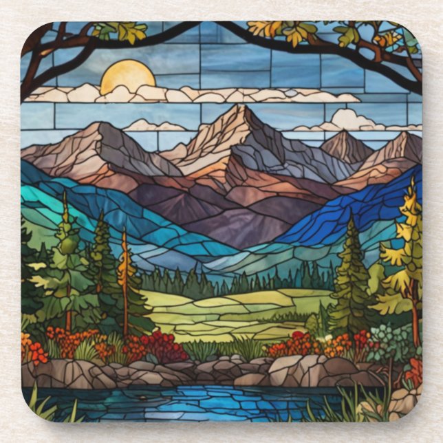 Posavasos Woodland mountain scene vintage stain glass (Frente)