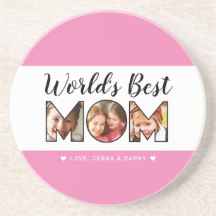 Posavasos World's Best Mom Quote 3 Photo Collage Pink
