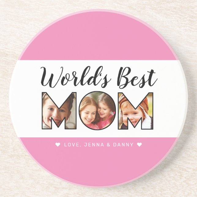 Posavasos World's Best Mom Quote 3 Photo Collage Pink (Frente)