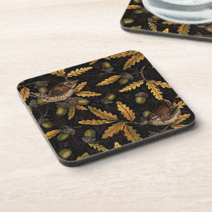 Posavasos Wrens y bellotas sobre negro