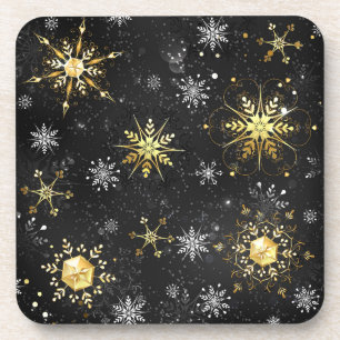 Posavasos Xmas copos de nieve dorados sobre fondo negro