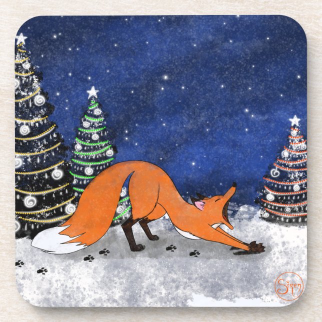 Posavasos Yawning Fox en una noche de invierno. (Frente)