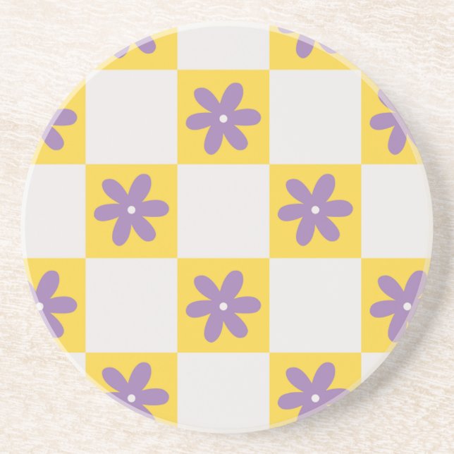 Posavasos Yellow Checkerboard Floral Pattern – Purple Daisy  (Frente)