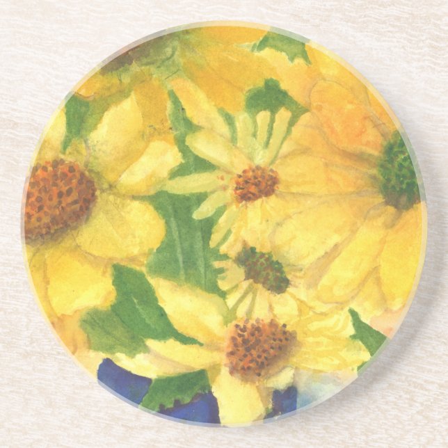 Posavasos yellow daisies in blue vase (Frente)