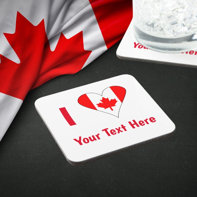 Posavasos Yo (Corazón de Bandera Canadiense) Tu Texto Rojo (Hard plastic coaster with heart shaped Canadian flag used to read I LOVE YOUR YEXT HERE.)