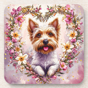 Posavasos Yorkie Adorable Rodeado de Corona Floral