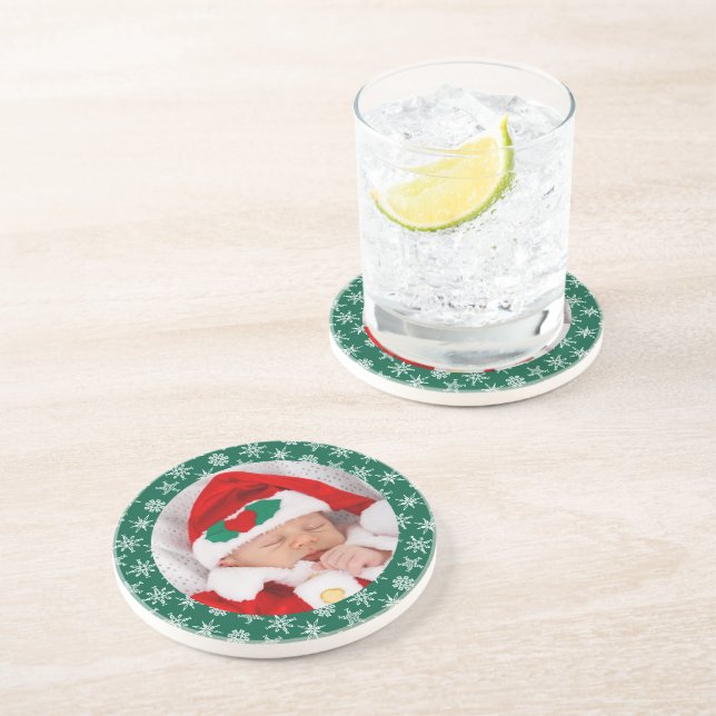 Posavasos Your Photo Santa Baby Green Background Snowflakes (Lado)