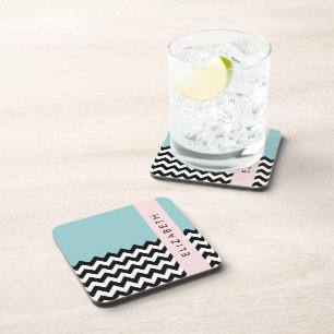 Posavasos Zigzag negro y blanco, chevron, azul, tu nombre