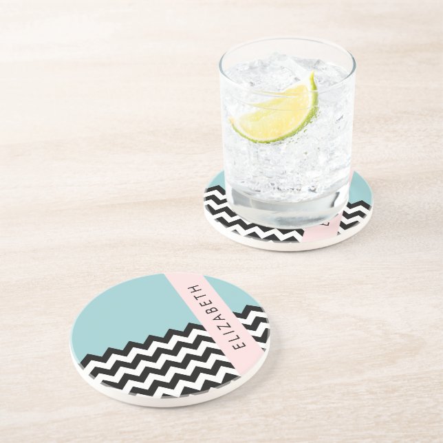 Posavasos Zigzag negro y blanco, chevron, azul, tu nombre (Lado)