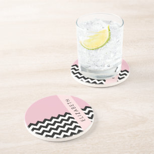 Posavasos Zigzag negro y blanco, chevron, rosado, tu nombre