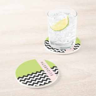 Posavasos Zigzag negro y blanco, chevron, verde, tu nombre
