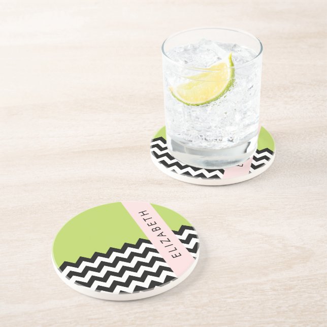 Posavasos Zigzag negro y blanco, chevron, verde, tu nombre (Lado)