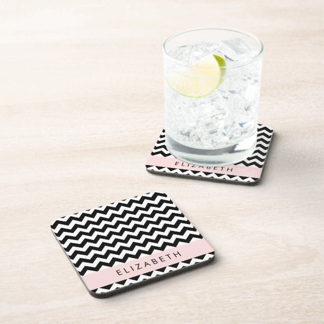 Posavasos Zigzag negro y blanco, patrón de cheurón, nombre (Lado Derecho)