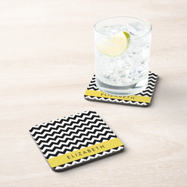 Posavasos Zigzag negro y blanco, patrón de cheurón, nombre (Lado Derecho)