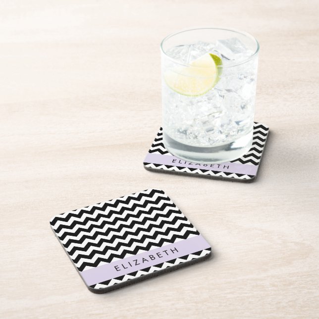 Posavasos Zigzag negro y blanco, patrón de cheurón, nombre (Lado Derecho)