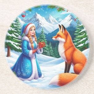 Posavasos Zorra y Doncella de Nieve en Escena de Bosque Inve