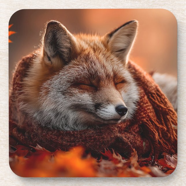 Posavasos Zorro Rojo Dormido con una Bufanda de Otoño Acoged (Frente)
