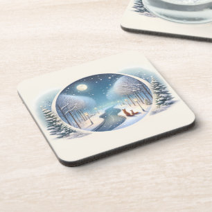 Posavasos Zorros de invierno junto al río nevado iluminado p
