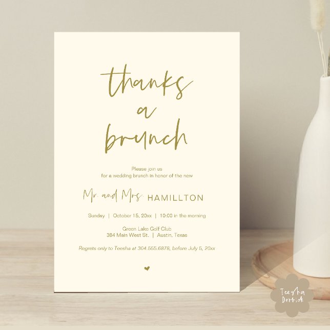 Post boda Brunch, gracias a una invitación de Brun (Post wedding Brunch, Thanks a Brunch Invitation card PDF in yellow gold)