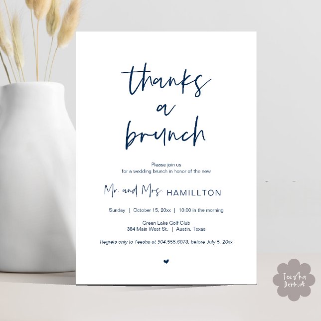 Post boda Brunch, gracias a una invitación de Brun (Post wedding Brunch, Thanks a Brunch Invitation card PDF in Navy Blue)