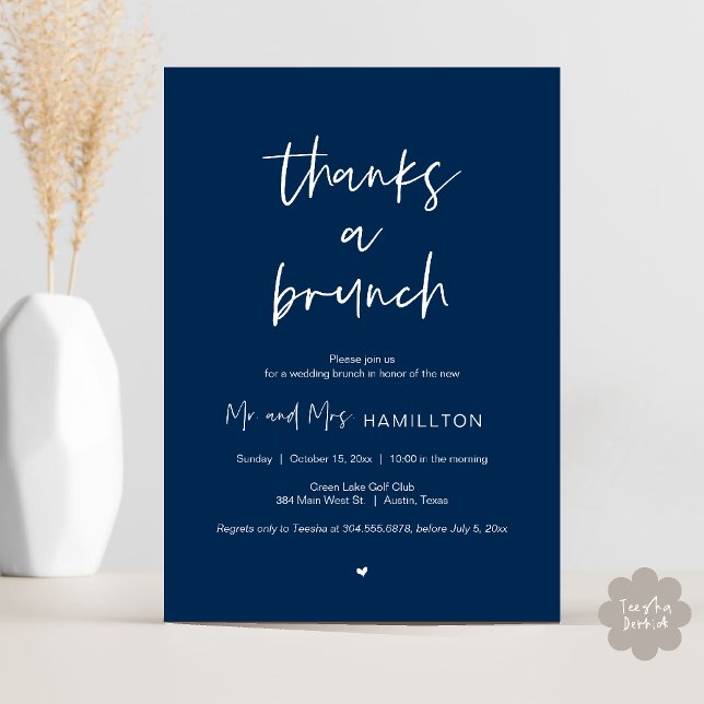Post boda Brunch, gracias a una invitación de Brun (Post wedding Brunch, Thanks a Brunch Invitation card PDF in Navy Blue)