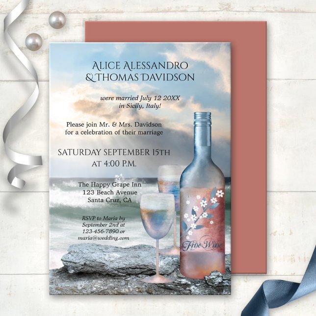 Post de vino de playa o después de la invitación d (Wedding reception invitation featuring a painting of a wine bottle with two glasses at the beach)