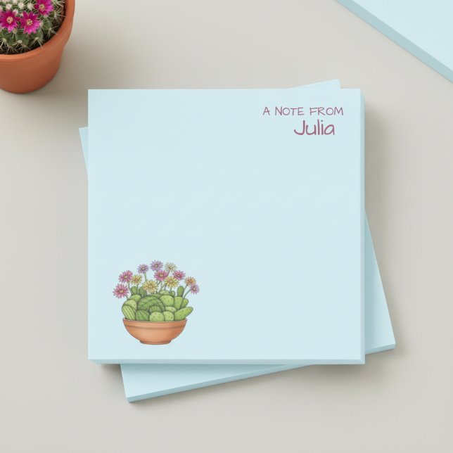 Post-it® Maceta de cactus con notas adhesivas de nombre (Cute blue personalized post-it notes decorated with an illustration of a pot of cactii with flowers.)