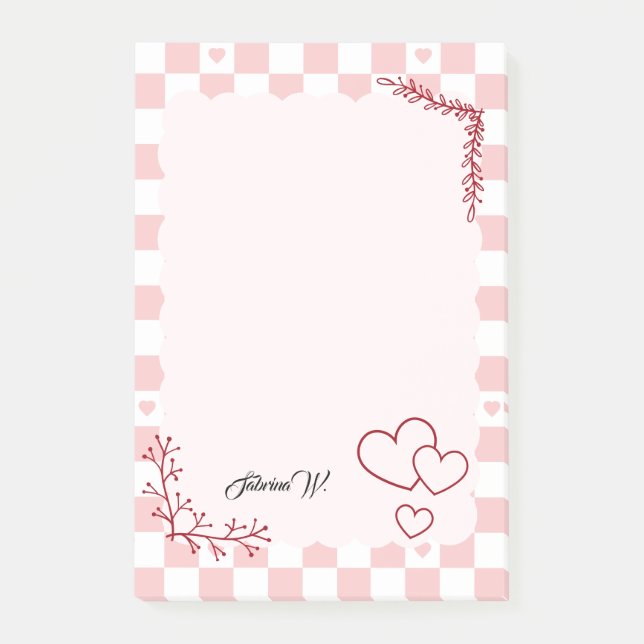 Post-it® Notas adhesivas con fondo de patrón a cuadros rosa (Anverso)