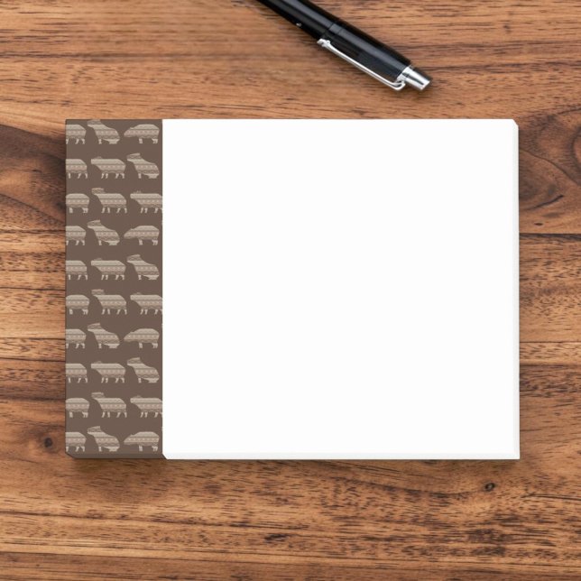 Post-it® Notas Adhesivas de Patrón de Carpincho (A notepad with a side bar border of graphic capybara silhouettes and geometric shapes in brown.)