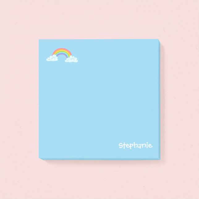 Post-it® Notas adhesivas personalizadas de arcoíris y nombr (Cute blue personalized post-it notes with a name and rainbow.)