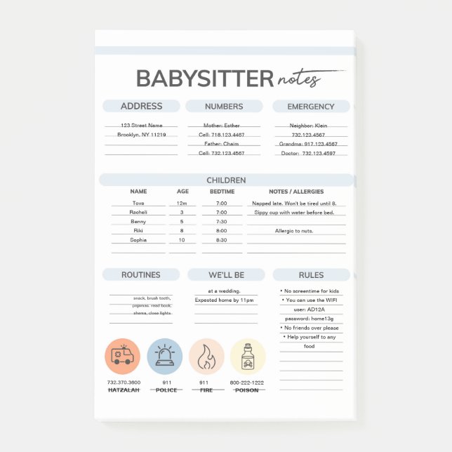 Post-it® Notas de información de Babysitter (Anverso)