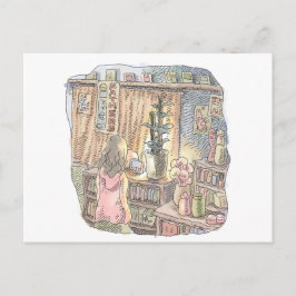 POSTAL さなくなじ      薄暗いお部屋の植木とカーテンのそばで淡く光る物体を見つめる女性の後ろ姿のイラス