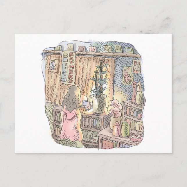 POSTAL さなくなじ      薄暗いお部屋の植木とカーテンのそばで淡く光る物体を見つめる女性の後ろ姿のイラス (Anverso)