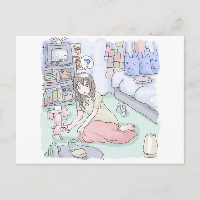 POSTAL さにしれじ　緑のカーペットが敷いてある寝室でへたり込んでいる女性のイラスト (Anverso)