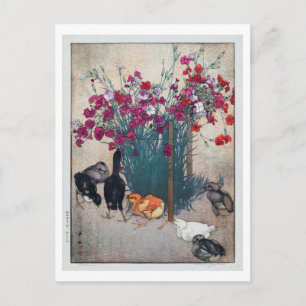 Postal ひ よ こ, Dianthus & Chicks , Hiroshi Yoshida, Woodcu