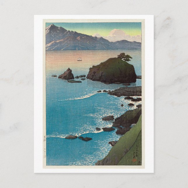 Postal 久 手 の, Kude Beach en Wakasa, Hasui Kawase, Woodcut (Anverso)