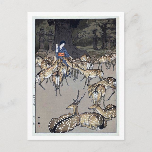 Postal 春 日 大 社 鹿, venado del santuario Kasuga, Hiroshi Yo (Anverso)
