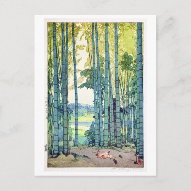 Postal 林 竹, bosque de bambú, Hiroshi Yoshida, Woodcut (Anverso)