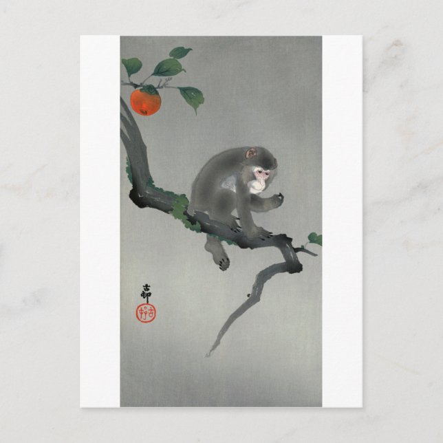 Postal 柿 に 猿, 古 Mono 邨 en el árbol Persimmon, Ohara Koson (Anverso)
